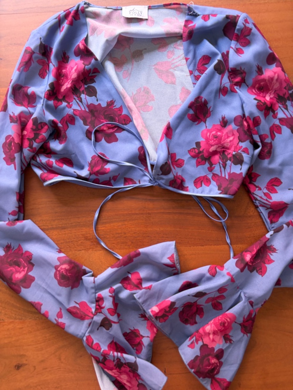 Oh Polly Set Womens Purple Floral Bell Flare Mesh Pants Tie Crop Top Size 4 - Picture 3 of 10